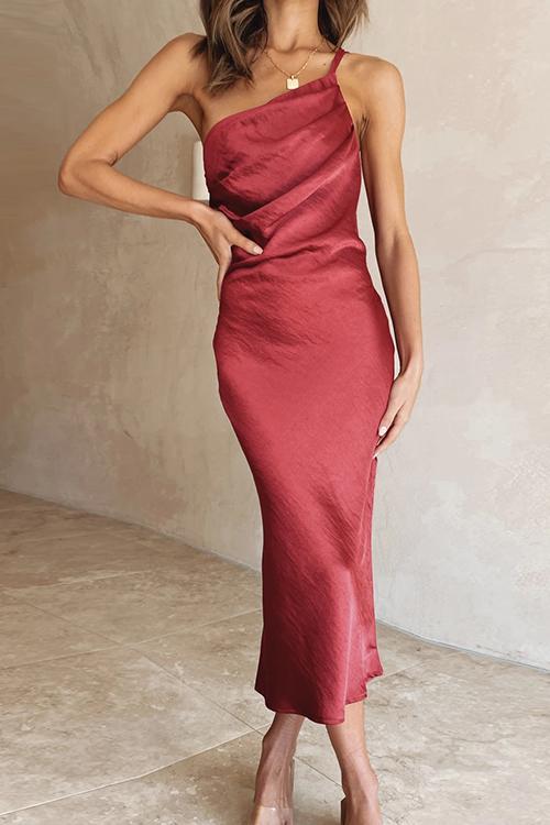 Elenore - Ruched One Shoulder Slip Midi Dress