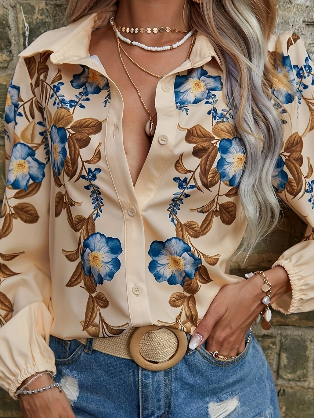 Cassandra |  Floral Blouse with Retro Lapel Neck