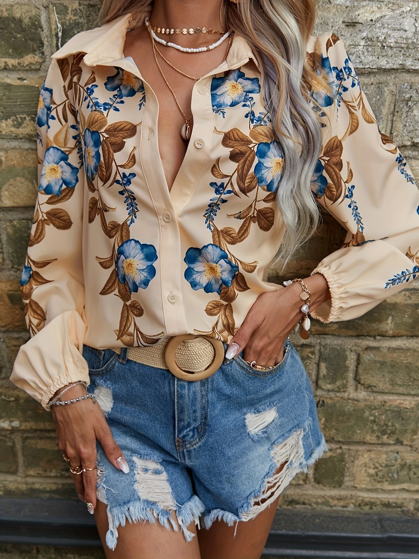 Cassandra |  Floral Blouse with Retro Lapel Neck